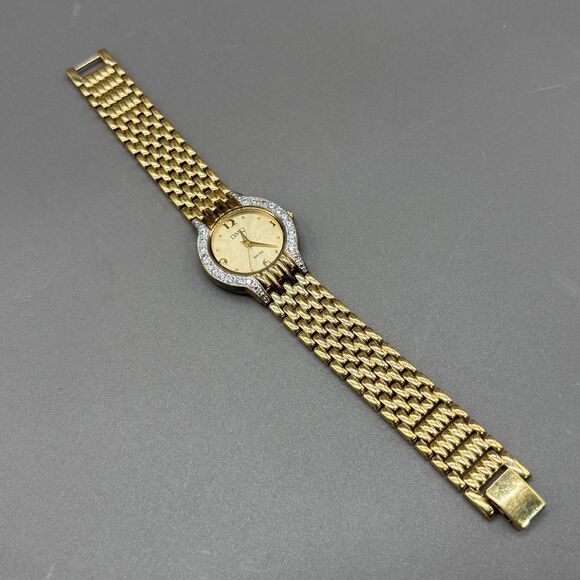 Ladies DMQ Swiss Quartz Gold Tone Watch Cubic Zirconia Bezel Bracelet Band WORKS - Picture 2 of 12